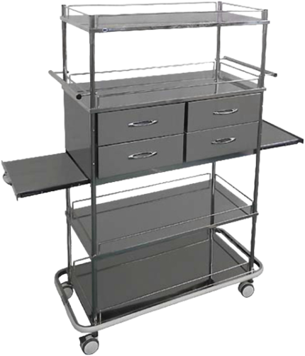 MESA AUXILIAR PARA MATERIAIS DE CENTRO CIRÚRGICO 04 PRATELEIRAS, 04 GAVETAS E 02 PRATELEIRAS LATERAIS DESLIZANTES